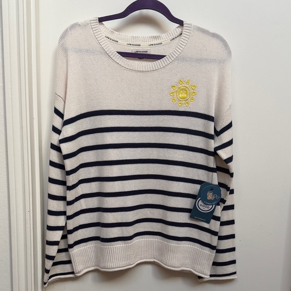 Life Is Good Sweaters - New Life is Good Striped Cream Black Sweater with Sun Embroidery, drop sleeves L